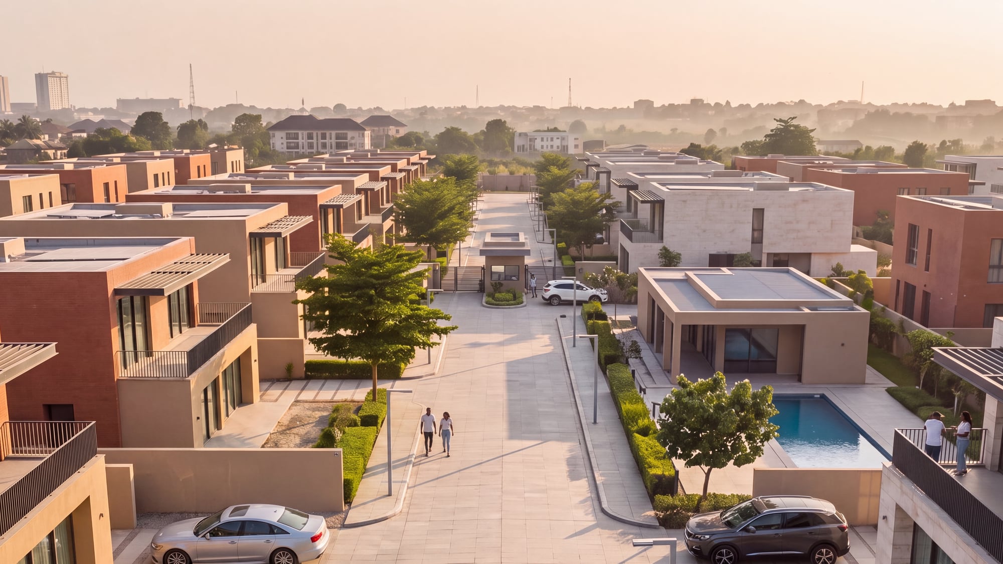 Aerial view of a modern residential estate at golden hour in Lagos